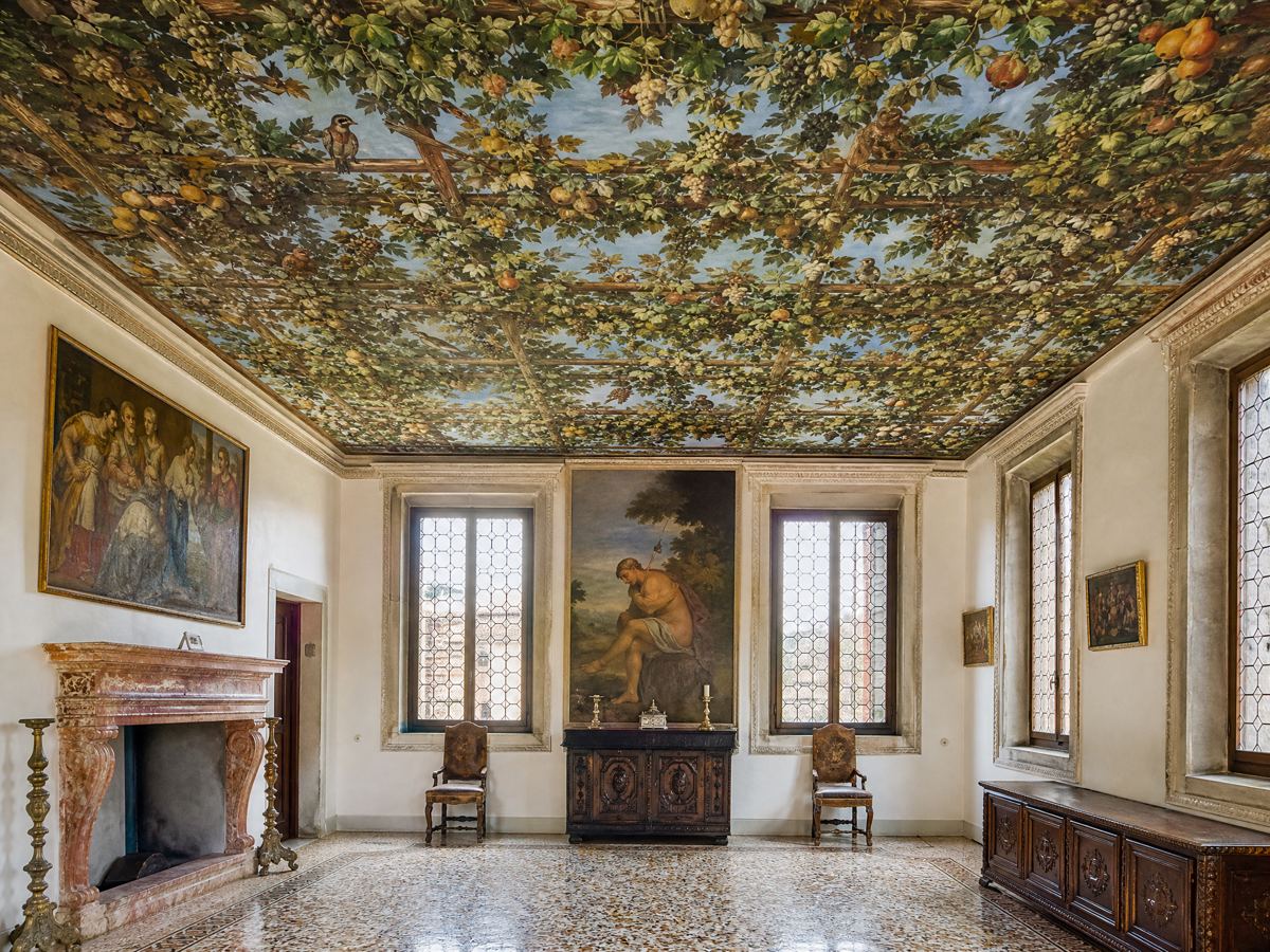 Soffitto della Sala a Fogliami dipinto con alberi, fiori e uccelli, Palazzo Grimani