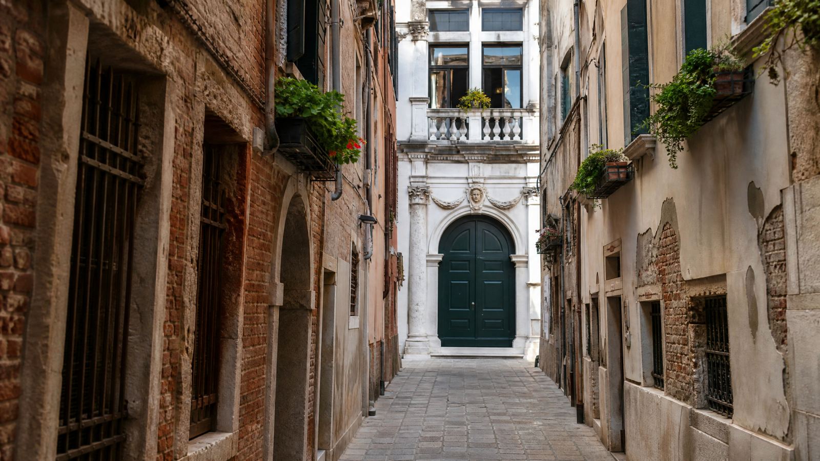 Narrow alley leading to the marble portal of Palazzo Grimani, Venice