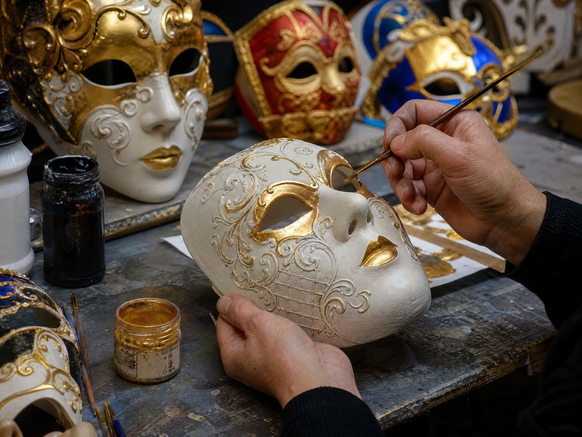 Mani che dipingono una maschera di carnevale veneziana con foglia d'oro