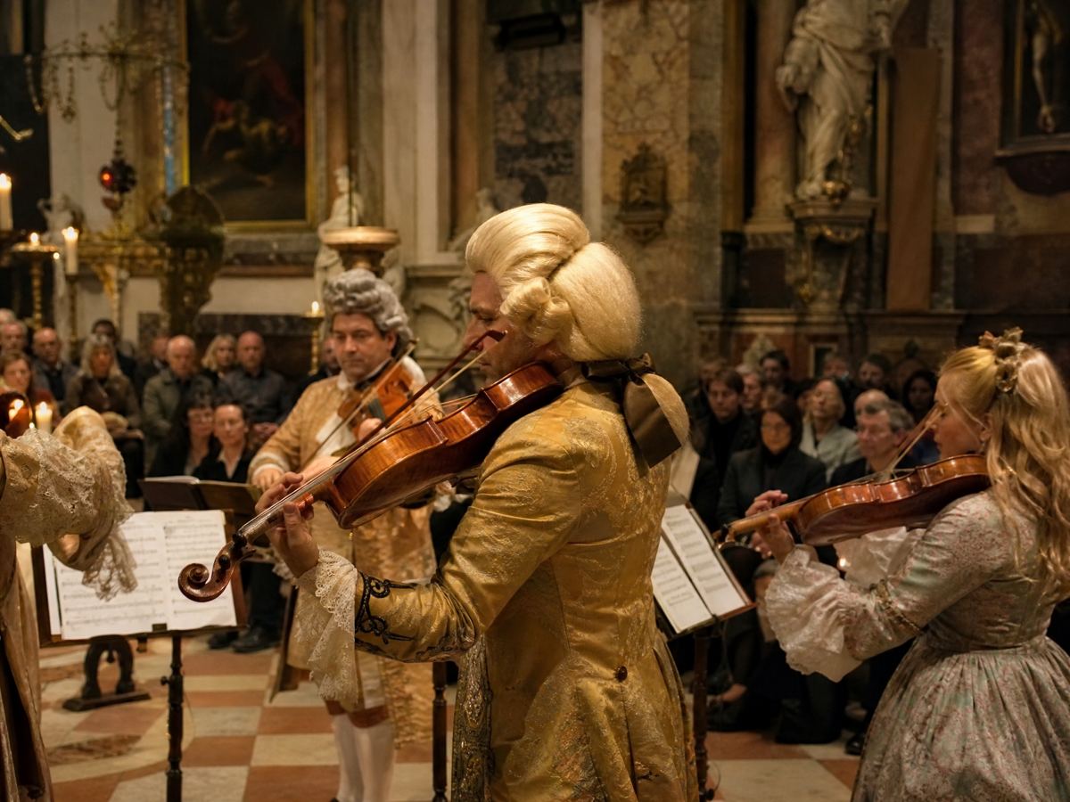 Ensemble barocco che suona violini in una chiesa veneziana